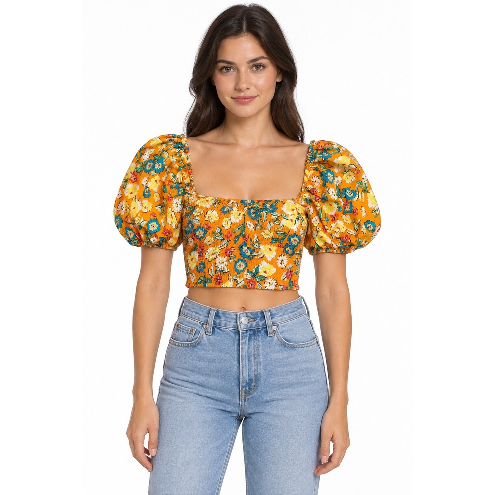 Zara Boho Smocked Crop Top Womens Medium Orange Floral Puff Sleeve Square Neck